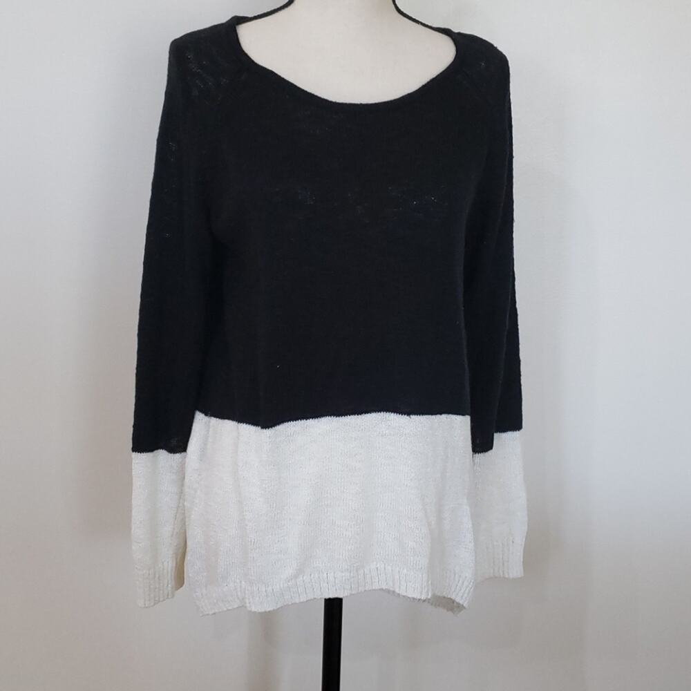 AB Studio Black White Colorblock Mixed Media Layered Knit Sweater Large